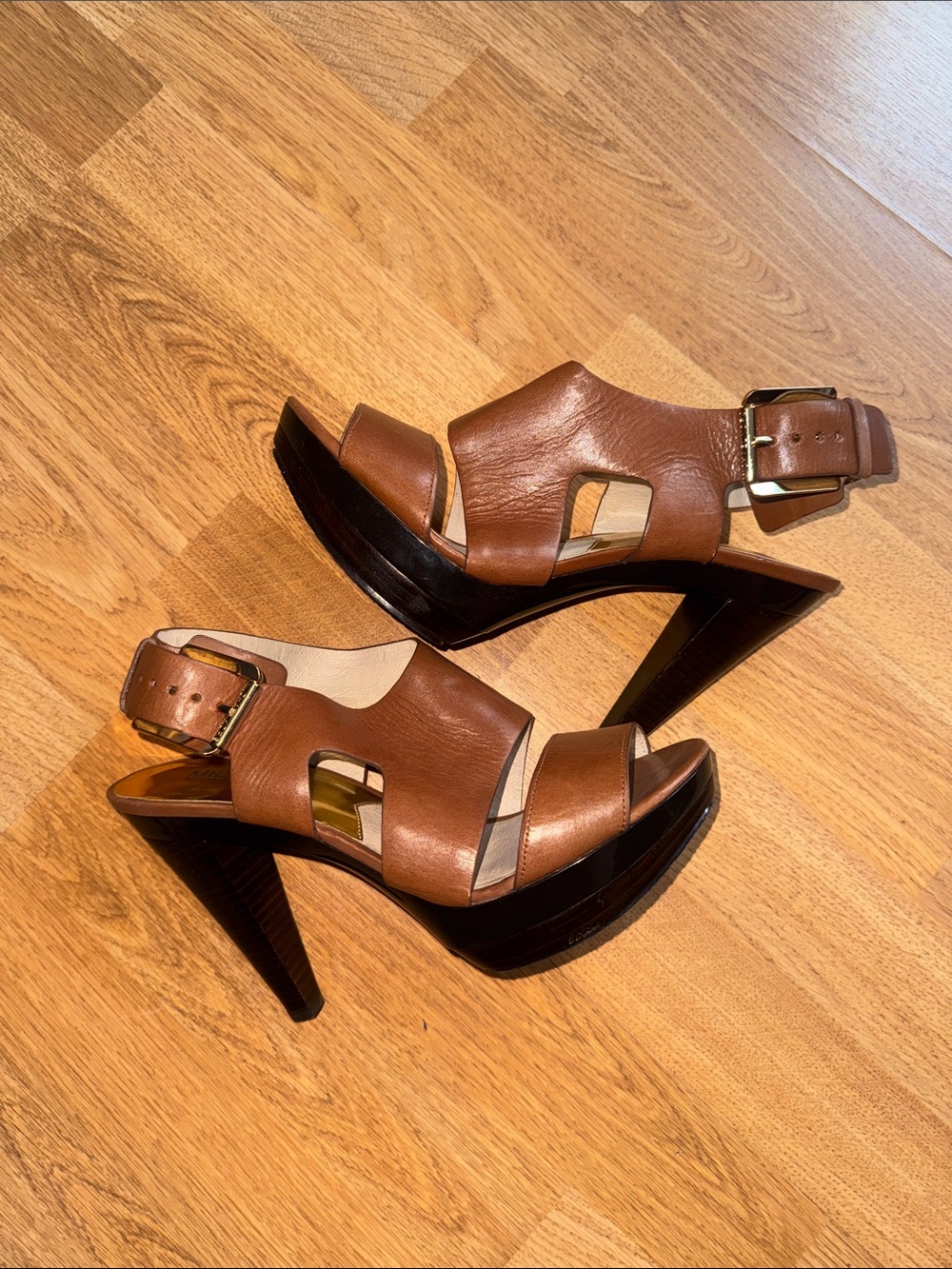Michael Kors Women's Brown Leather High Heel Sandals with Buckle